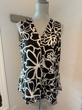 DONNA KARAN Vintage Sleeveless V-Neck Silky Blouse Bold Floral Faux Wrap Size L